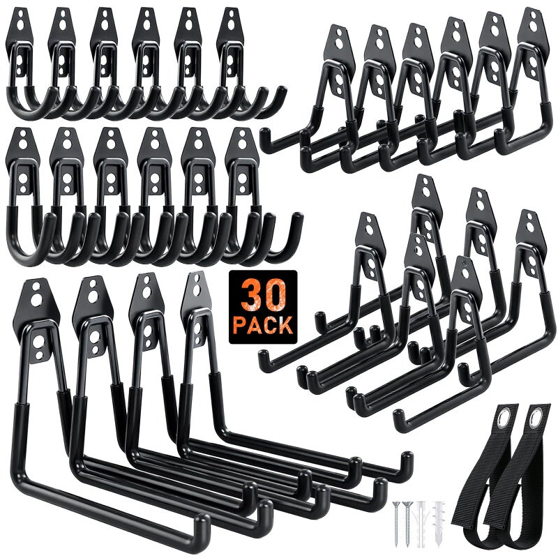 Housolution Steel Garage Hooks - 30Pack Anti-Slip Coating, Heavy Duty Wall Mount Hooks for Bikes, Garden Tools, Ladders, Hose, Bulk Items Ropes, Garage Tool Organizer with Extension Cord Wrap, Black - Image 1