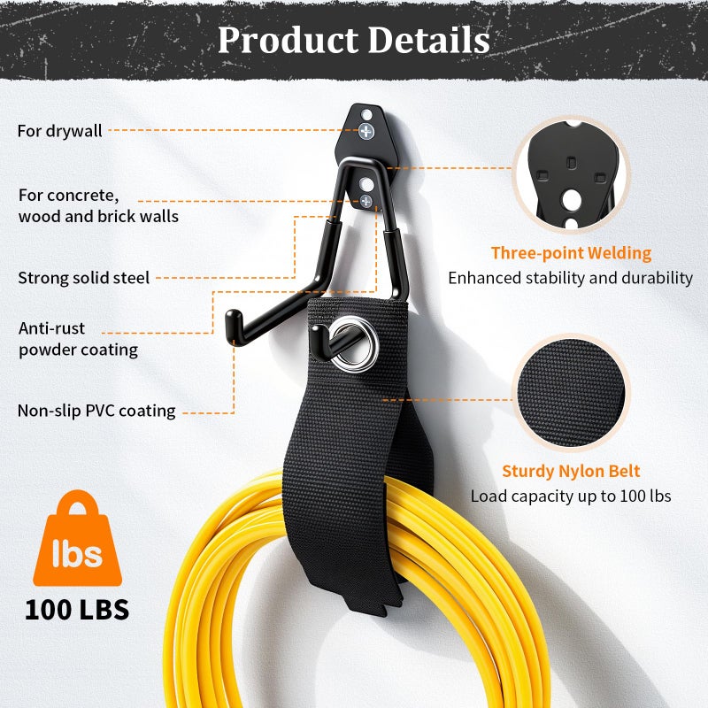 Housolution Steel Garage Hooks - 30Pack Anti-Slip Coating, Heavy Duty Wall Mount Hooks for Bikes, Garden Tools, Ladders, Hose, Bulk Items Ropes, Garage Tool Organizer with Extension Cord Wrap, Black - Image 4