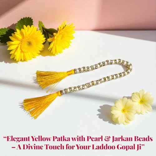 Vrindavanstore.in Traditional Yellow & Pink Laddu Gopal Dress | Patch Work Poshak with Pagdi, Patka & Choli Suitable for Bal Gopal | Ideal for Janmashtami, Teej, Raksha Bandhan, Shravan (Size- 06) - Image 4