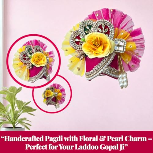 Vrindavanstore.in Traditional Yellow & Pink Laddu Gopal Dress | Patch Work Poshak with Pagdi, Patka & Choli Suitable for Bal Gopal | Ideal for Janmashtami, Teej, Raksha Bandhan, Shravan (Size- 06) - Image 3