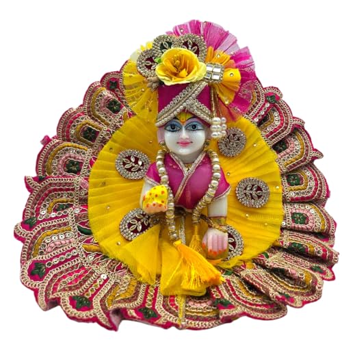 Vrindavanstore.in Traditional Yellow & Pink Laddu Gopal Dress | Patch Work Poshak with Pagdi, Patka & Choli Suitable for Bal Gopal | Ideal for Janmashtami, Teej, Raksha Bandhan, Shravan (Size- 06) - Image 1