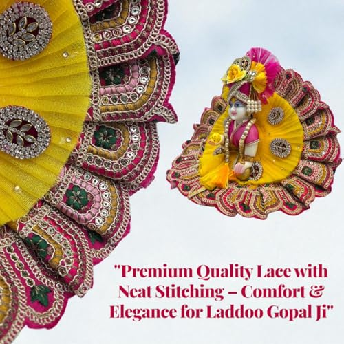 Vrindavanstore.in Traditional Yellow & Pink Laddu Gopal Dress | Patch Work Poshak with Pagdi, Patka & Choli Suitable for Bal Gopal | Ideal for Janmashtami, Teej, Raksha Bandhan, Shravan (Size- 06) - Image 2