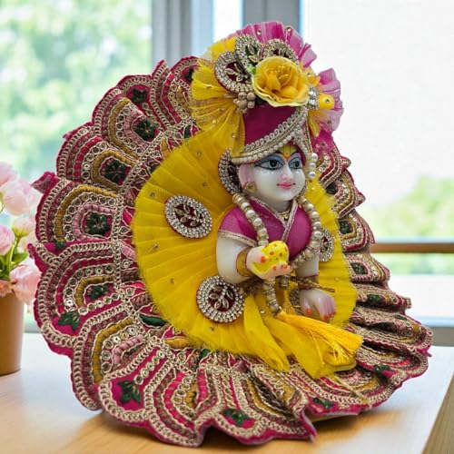 Vrindavanstore.in Traditional Yellow & Pink Laddu Gopal Dress | Patch Work Poshak with Pagdi, Patka & Choli Suitable for Bal Gopal | Ideal for Janmashtami, Teej, Raksha Bandhan, Shravan (Size- 06) - Image 5