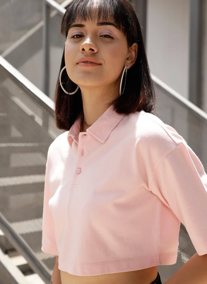 STREET 9 BASICS Pink Crop Polo T-Shirt for Women