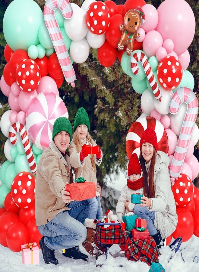 قوس بالونات عيد الميلاد، 132 قطعة، ألوان أحمر، وردي، أخضر، وأبيض، زينة لحفلات خبز الزنجبيل، بالونات من القصب والفويل، بالونات على شكل مصاصات وحلوى، زينة لتبادل كعكات رأس السنة. - Image 3