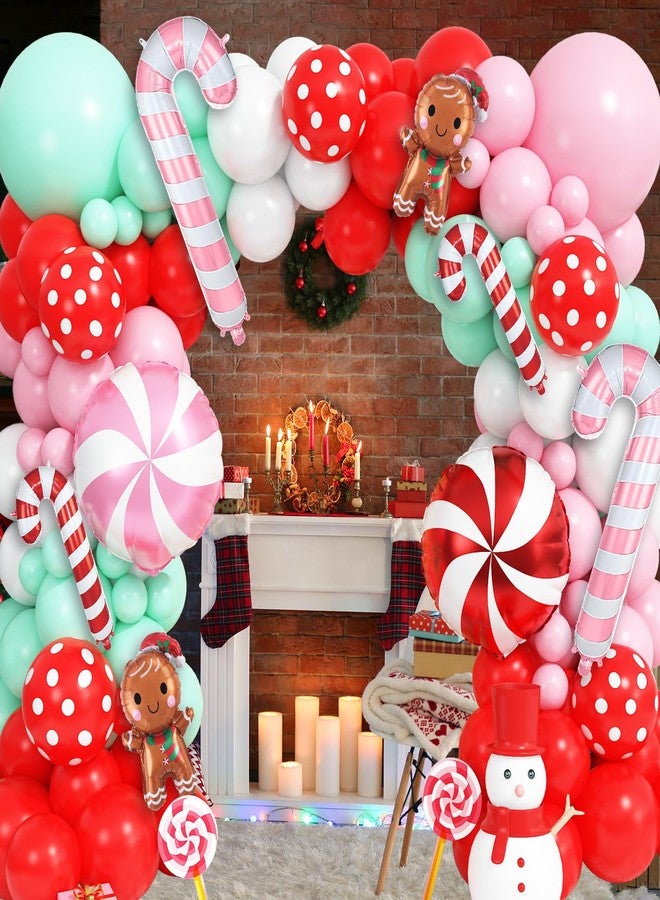 قوس بالونات عيد الميلاد، 132 قطعة، ألوان أحمر، وردي، أخضر، وأبيض، زينة لحفلات خبز الزنجبيل، بالونات من القصب والفويل، بالونات على شكل مصاصات وحلوى، زينة لتبادل كعكات رأس السنة. - Image 5