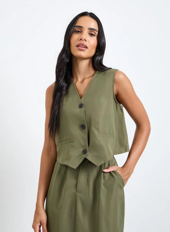 تايك تو Olive Sleeveless Waistcoat and Skirt Co-Ord Set