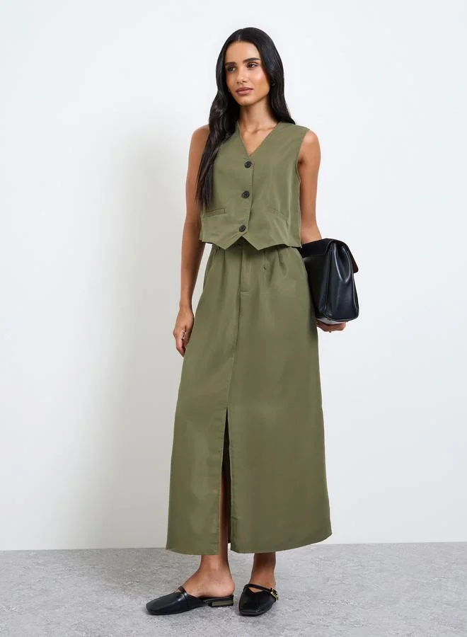 تايك تو Olive Sleeveless Waistcoat and Skirt Co-Ord Set