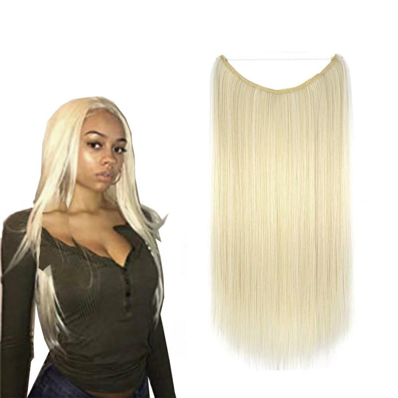 iLUU 22"/80g White and Bleach Blonde Piano Ombre Color Transparent Fishing Line Hair Extensions Synthetic Hairpieces Invisible Secret Hidden String Hair Extension Straight Hair for Women - Image 2