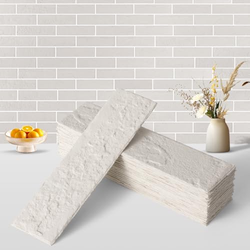 Zoeteoz 17 Pcs Faux Thin Brick Tiles Veneers, 2.38 Sq.Ft, Realistic Brick Texture and Lightweight, Indoor Outdoor Decorative Wall Brick for House Facade, Garage, Chimney, Parterre Wall (Eco-White) - Image 2