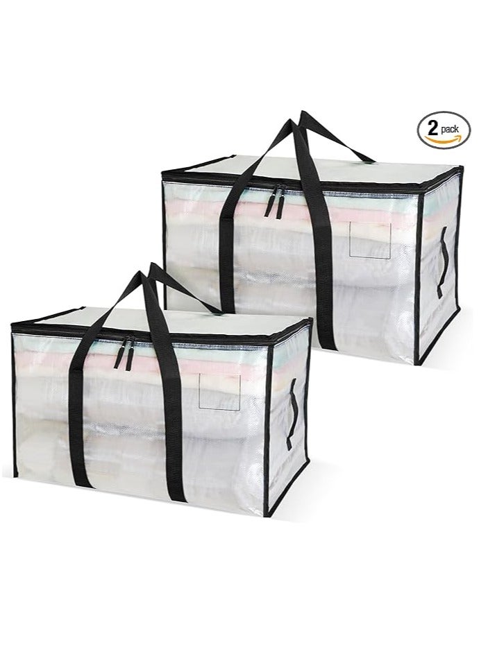 عربست عبوتان من حقائب النقل الشفافة، حقائب تنظيم خزانة الملابس سعة 88 لترًا مزودة بسحاب ومقبض، حقائب حمل متينة لتخزين الملابس، صناديق تخزين للفراش والألحفة والأغطية - Image 1