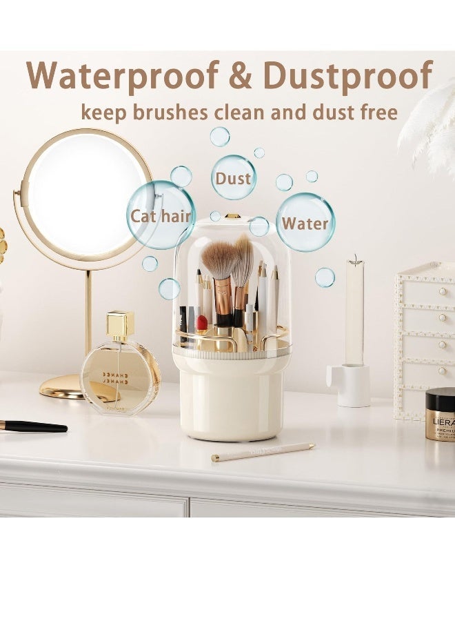 Makeup Brush Holder Makeup Brush Holder Organizer with Lid 360° Rotating Storage for Vanity Cosmetic Pen or Eyeliner Dustproof Waterproof for Vanity and Bathroom Pearl White