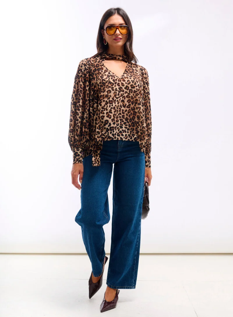 Needs No Label  Leopard Printed Tie Neck Blouse for Women | Best Price UAE
