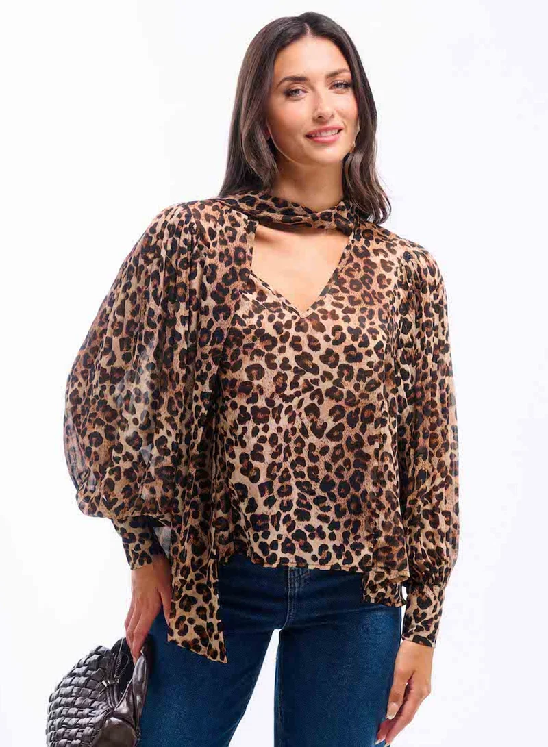 Leopard Printed Tie Neck Blouse