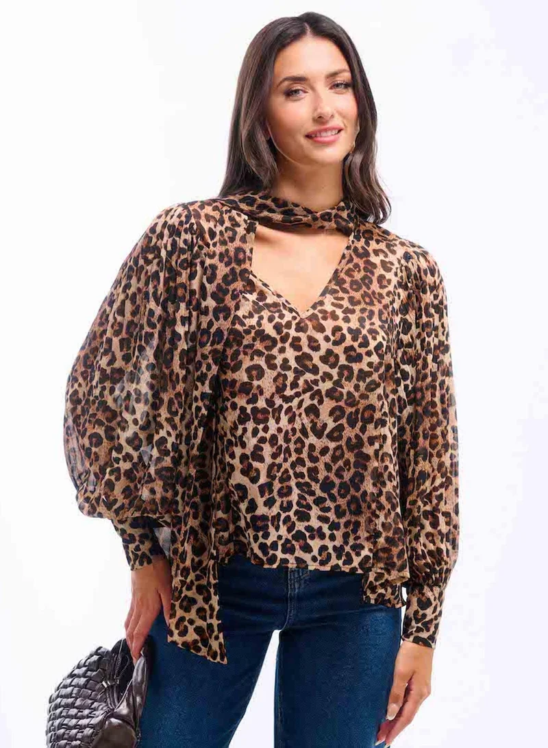 Needs No Label Leopard Printed Tie Neck Blouse