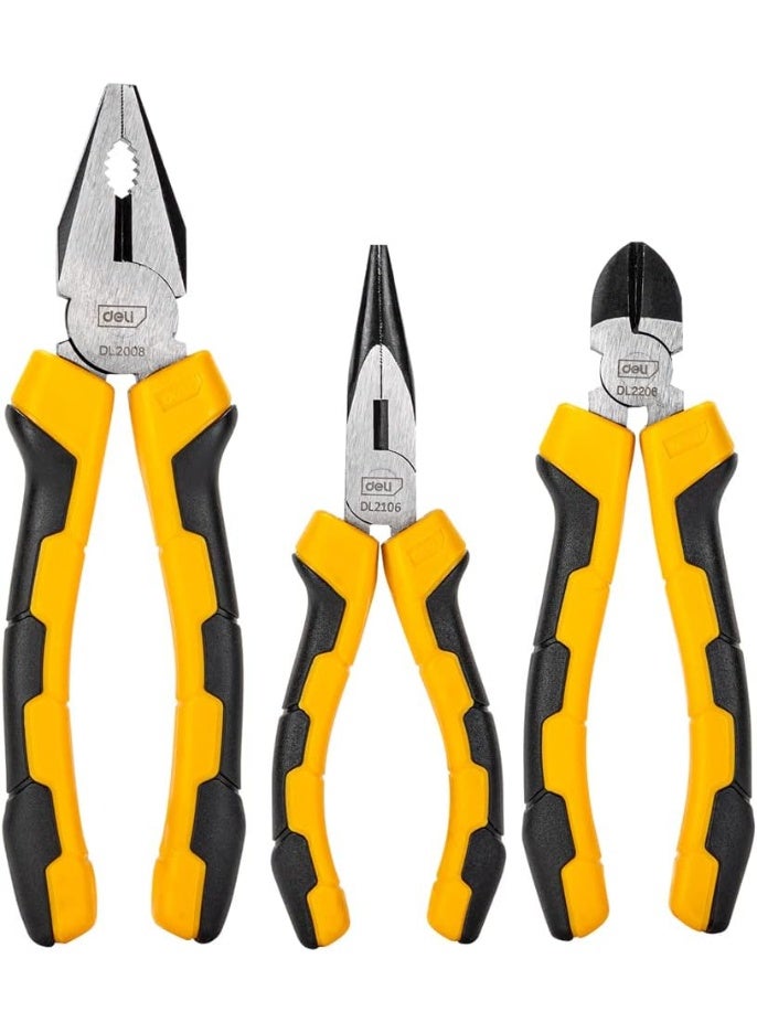 Deli Pliers Set 3pcs – Carbon Steel, Hand-Powered, Professional Use, Black/Yellow (Model: DE-EDL2008-3) - Image 1