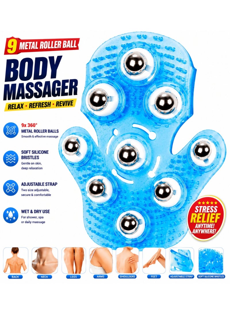 Palm-Shaped Body Massage Glove with 9 x 360° Stainless Steel Roller Balls, Silicone Deep Tissue Body Massager for Cellulite, Lymphatic Drainage & Muscle Recovery, Adjustable Hand Strap, Wet & Dry Shower Spa Massage Tool for Neck, Back, Shoulders, Arms, Legs & Feet, Home Beauty & Wellness Body Care, Blue - Image 1