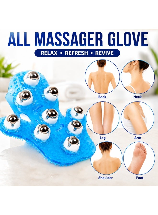 Palm-Shaped Body Massage Glove with 9 x 360° Stainless Steel Roller Balls, Silicone Deep Tissue Body Massager for Cellulite, Lymphatic Drainage & Muscle Recovery, Adjustable Hand Strap, Wet & Dry Shower Spa Massage Tool for Neck, Back, Shoulders, Arms, Legs & Feet, Home Beauty & Wellness Body Care, Blue - Image 3