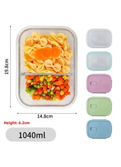 Generic Glass Lunch Box Bento Box Fresh-keeping Bowl Sealed Box Lunch Box Fresh-keeping Box Can Enter Microwave Glass Bowl Fruit Box-Specifications:Long Two Compartments 1040ml-Color:Chrysanthemum Blue  - Image 1