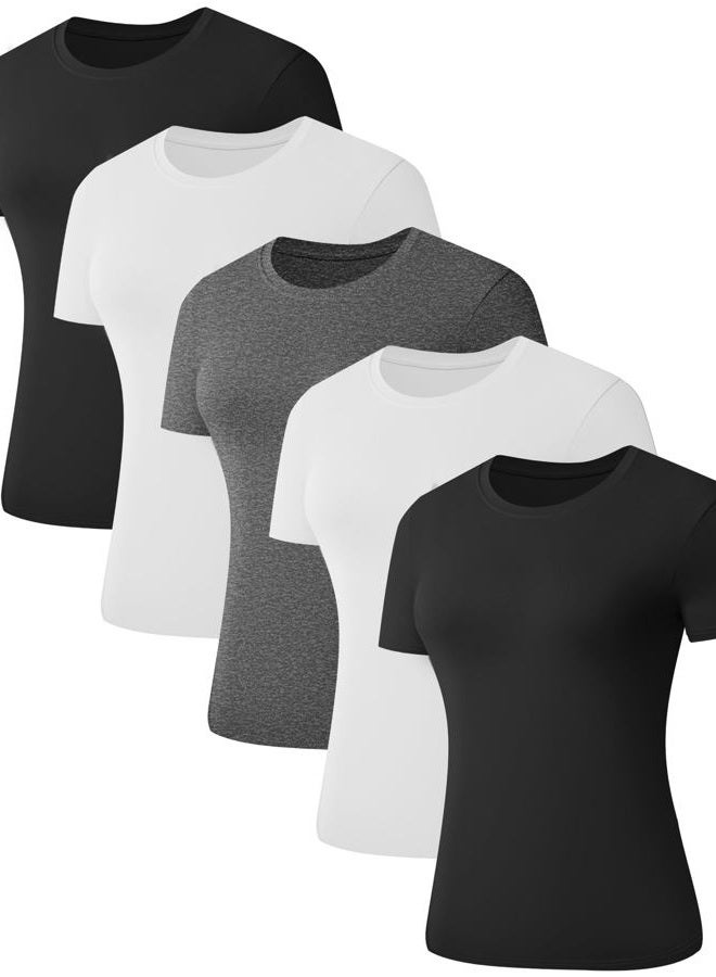 Kinglaman 1/5 Pack Women's Short Sleeve Basic T Shirts Tees, Slim Fit Crew Neck Tshirt Summer Tops for Casual Workout Trendy, 2 Black 2 White 1 Heather Grey, XS - Image 1