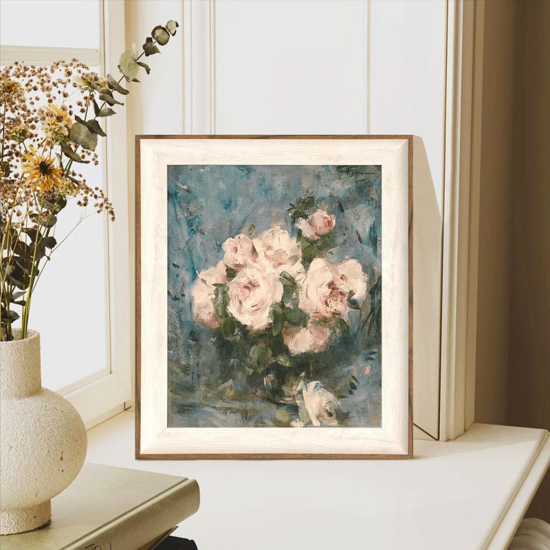 ASTRDECOR Framed Vintage Wall Art for Living Room, Vintage Floral Home Decor Aesthetic, Victorian Pink Rose Bouquet Oil Painting Blue Canvas Wall Art Prints, Antique Flower Pictures Blue Artwork for Living Room-10''x12'' - Image 4