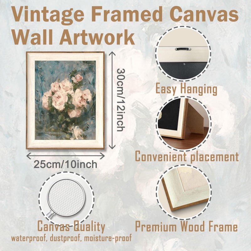 ASTRDECOR Framed Vintage Wall Art for Living Room, Vintage Floral Home Decor Aesthetic, Victorian Pink Rose Bouquet Oil Painting Blue Canvas Wall Art Prints, Antique Flower Pictures Blue Artwork for Living Room-10''x12'' - Image 2