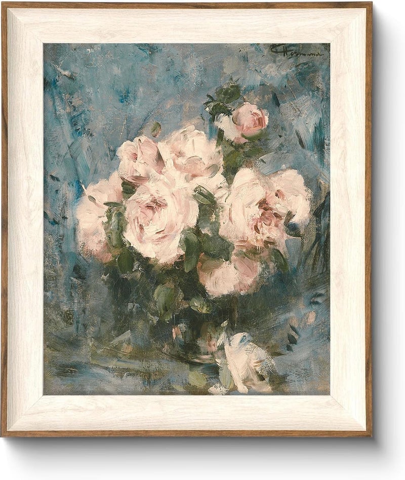 ASTRDECOR Framed Vintage Wall Art for Living Room, Vintage Floral Home Decor Aesthetic, Victorian Pink Rose Bouquet Oil Painting Blue Canvas Wall Art Prints, Antique Flower Pictures Blue Artwork for Living Room-10''x12'' - Image 1