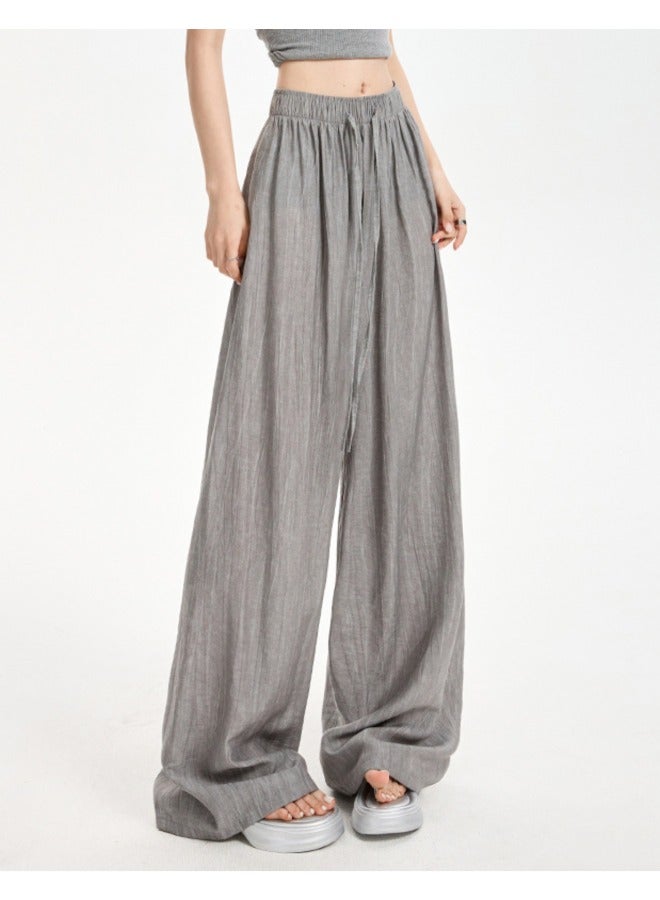 Women's Free Size Wide Leg Trousers Casual Loose Lounge Pants with Drawstring Solid Baggy Ladies Trousers for Summer - Image 1