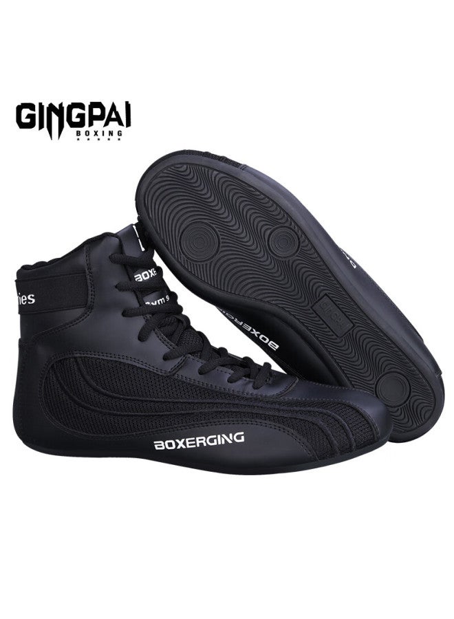 Competing pie Jingpai High-Top Boxing Shoes For Men, Women And Children, Sanda Fighting Training Shoes, Wrestling Shoes, Fitness Martial Arts Shoes, Black, Size 34 - Image 1