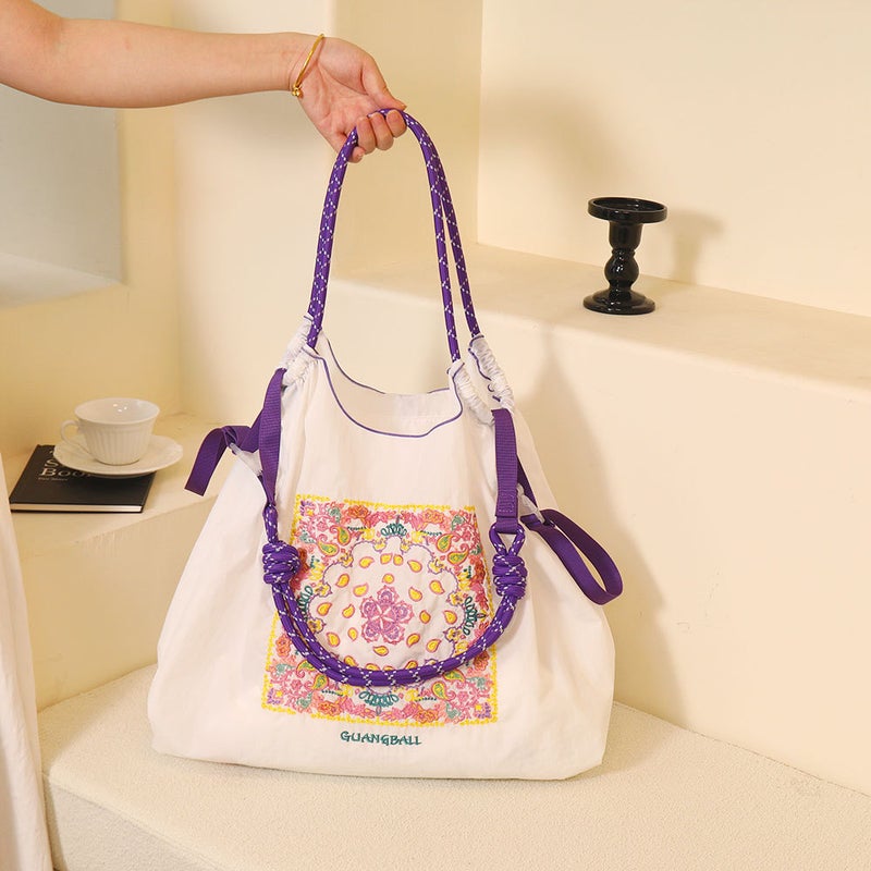 Eco-Friendly Embroidered Nylon Tote Bag White color cashew flower (without shoulder strap)