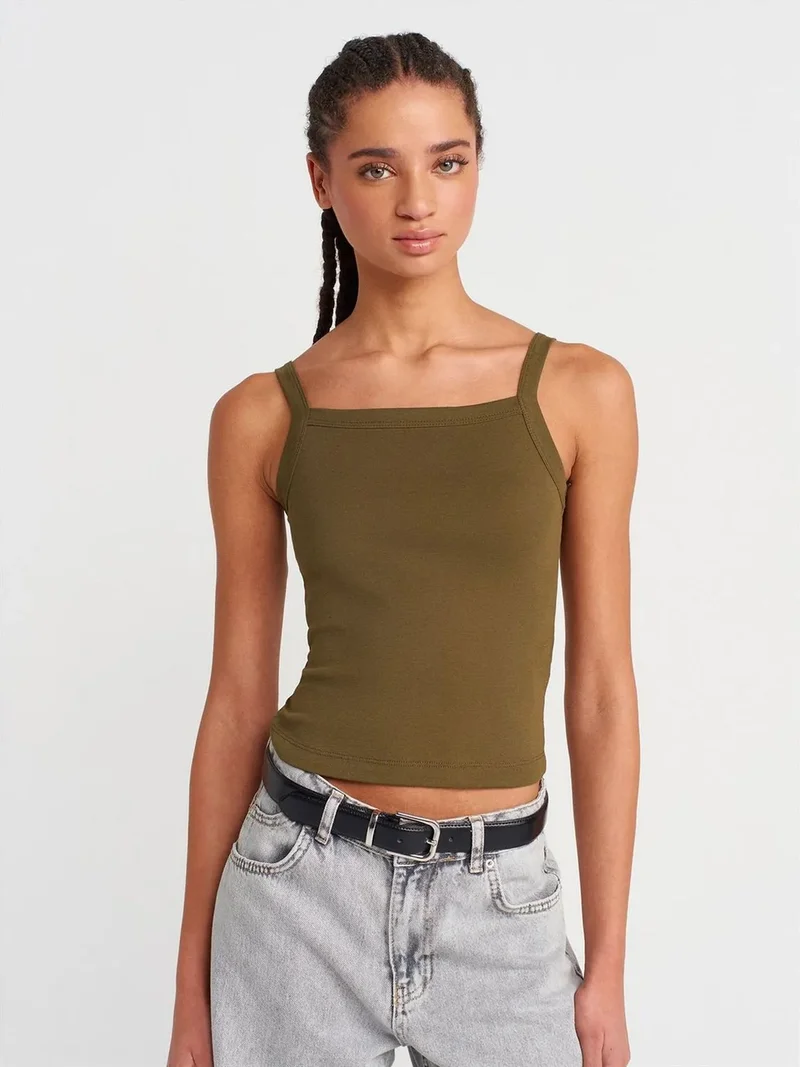 ديلفين Dilvin Ribbed Cotton Square-Neck Cami Blouse