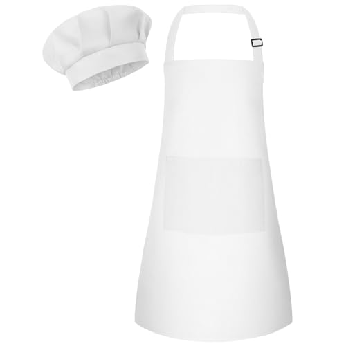 Bouiexye 1 Set Kids Apron and Chef Hat Set Children Apron Adjustable with 2 Pockets Children Chef Painting for Cooking Baking Painting Crafts Making (White - Image 1