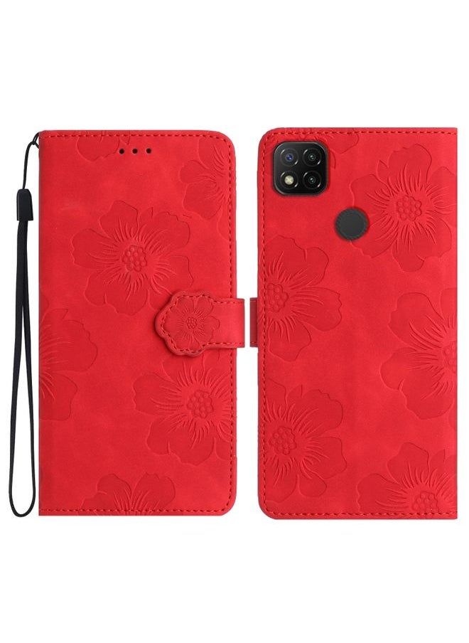 HuHa Case Cover For Xiaomi Redmi 9C Flower Embossing Pattern Leather Phone Case Red 