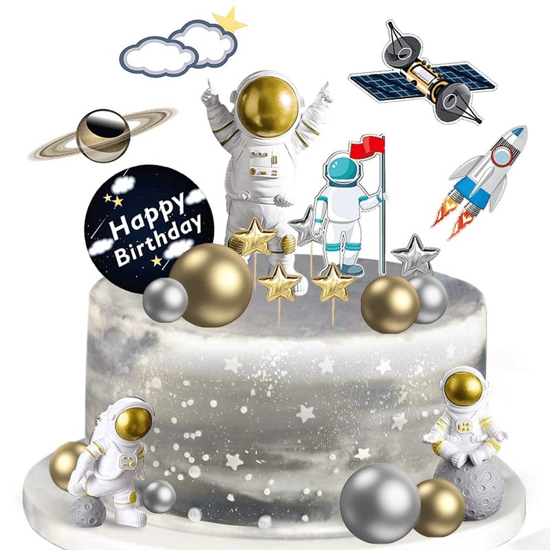 CANIPHA 22 Pcs Space Cake Topper Outer Space Cupcake Toppers Astronaut Figurine Decorations Birthday Space Themed Party Supplies Planet Rocket Pearl Balls and Star DIY Cake Toppers for Kids Party Baby Shower - Image 1