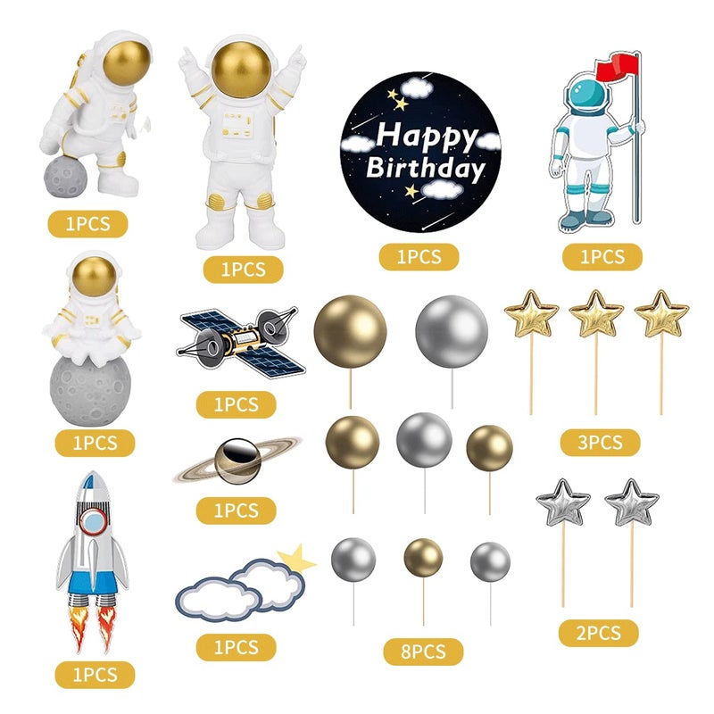 CANIPHA 22 Pcs Space Cake Topper Outer Space Cupcake Toppers Astronaut Figurine Decorations Birthday Space Themed Party Supplies Planet Rocket Pearl Balls and Star DIY Cake Toppers for Kids Party Baby Shower - Image 2