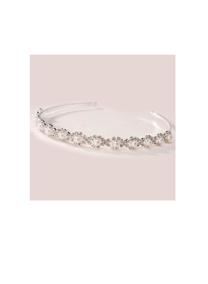 Tiara Headband Silver Rhinestones & Pearls - Image 2
