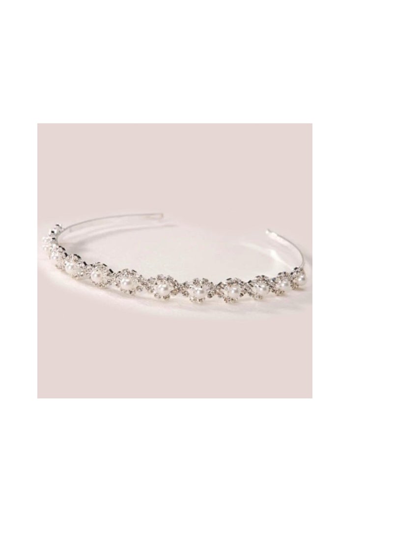 Tiara Headband Silver Rhinestones & Pearls - Image 3
