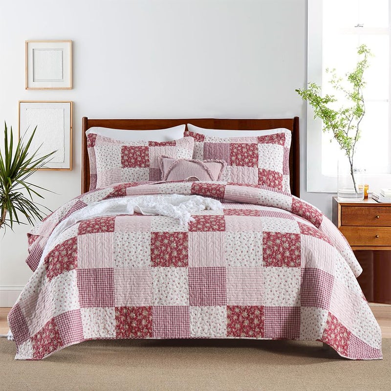 ENASAL Cotton Bedspread Quilt Bedding Sets Reversible Coverlet Sets Comforters Plaid Floral Red White Patchwork Pattern Bedspread for All Season Queen Size - Image 2