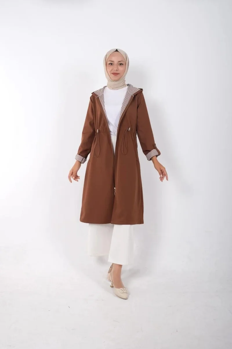 سوانا Women's Elastic Waist Detailed Zippered Hooded Trench Coat