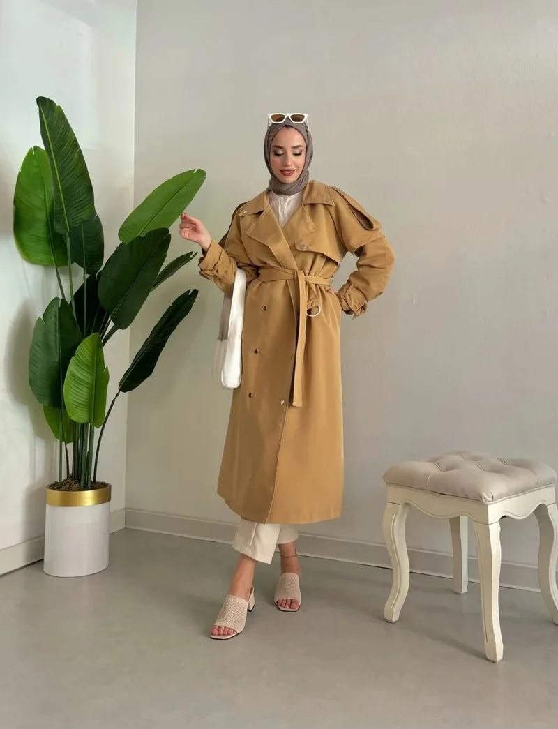 سوانا Women's Elastic Waist Detailed Zippered Hooded Trench Coat