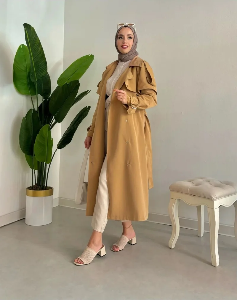 سوانا Women's Elastic Waist Detailed Zippered Hooded Trench Coat