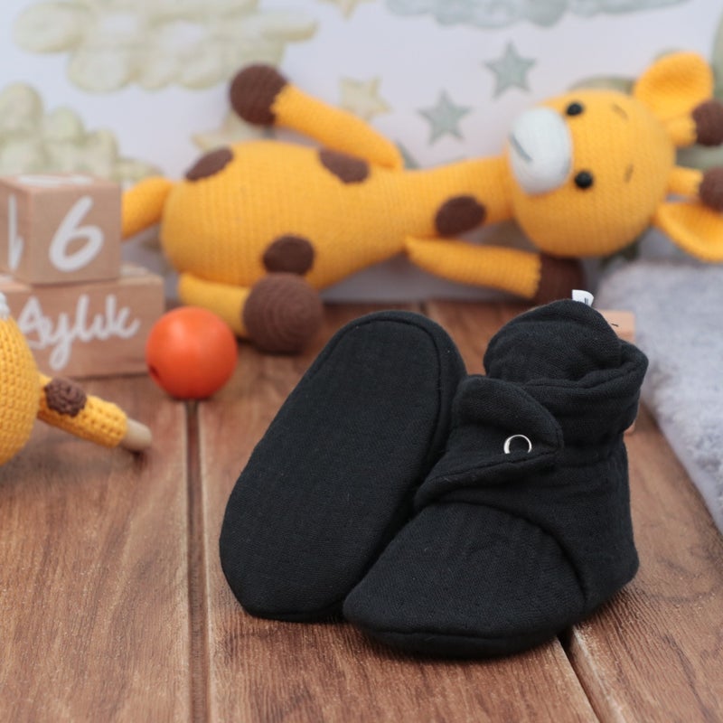 Ella Bonna Muslin Baby Booties, Organic Cotton, Newborn Slippers, Black - Image 5