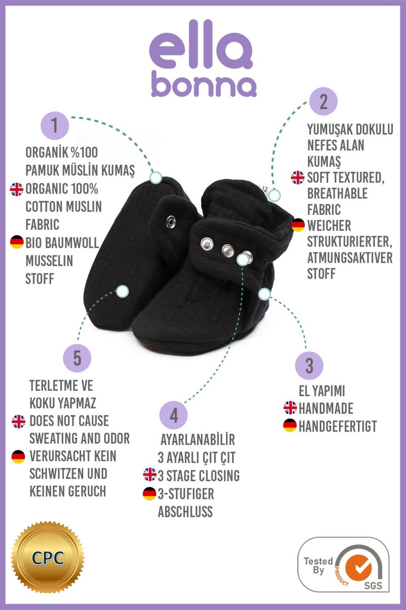 Ella Bonna Muslin Baby Booties, Organic Cotton, Newborn Slippers, Black - Image 4