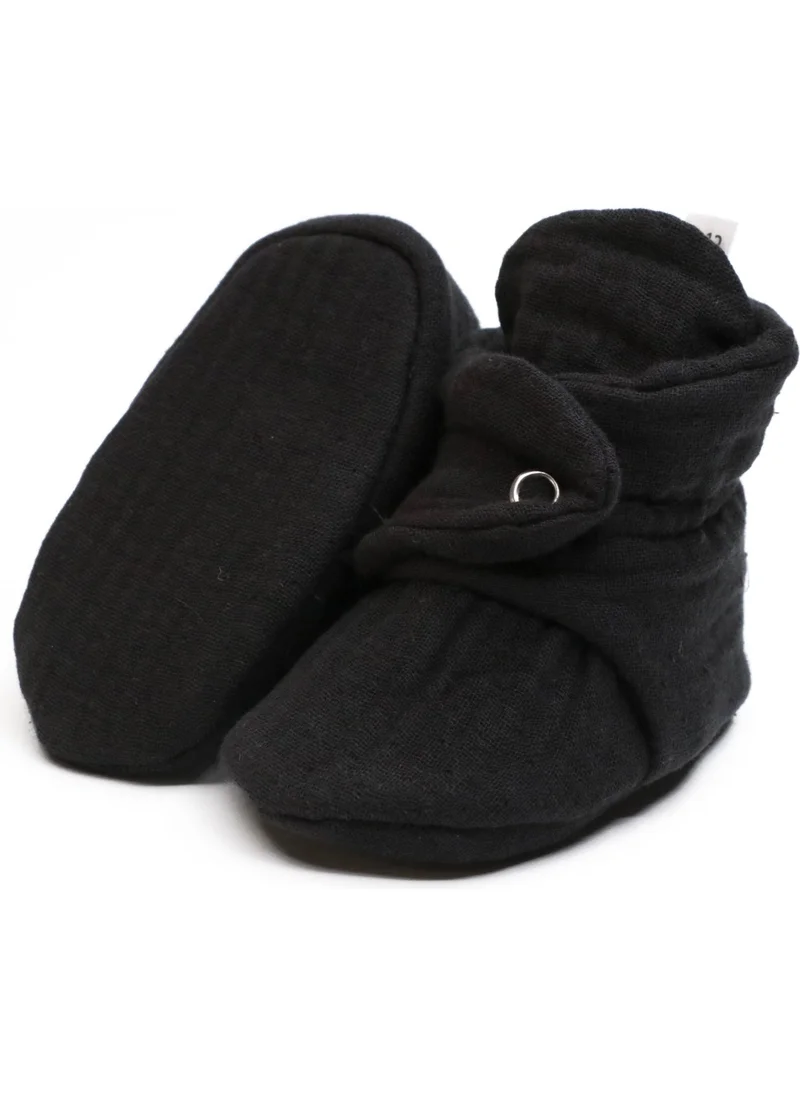 Ella Bonna Muslin Baby Booties, Organic Cotton, Newborn Slippers, Black