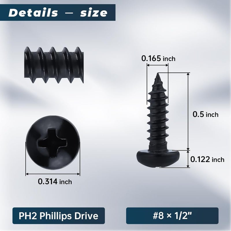 Glvaner #8 x 1/2 inch Phillips Pan Head Self Tapping Screws for Wood, Black Coated, 304 Stainless Steel 18-8, Round Head Sheet Metal Tek Screws, 50 pcs - Image 3