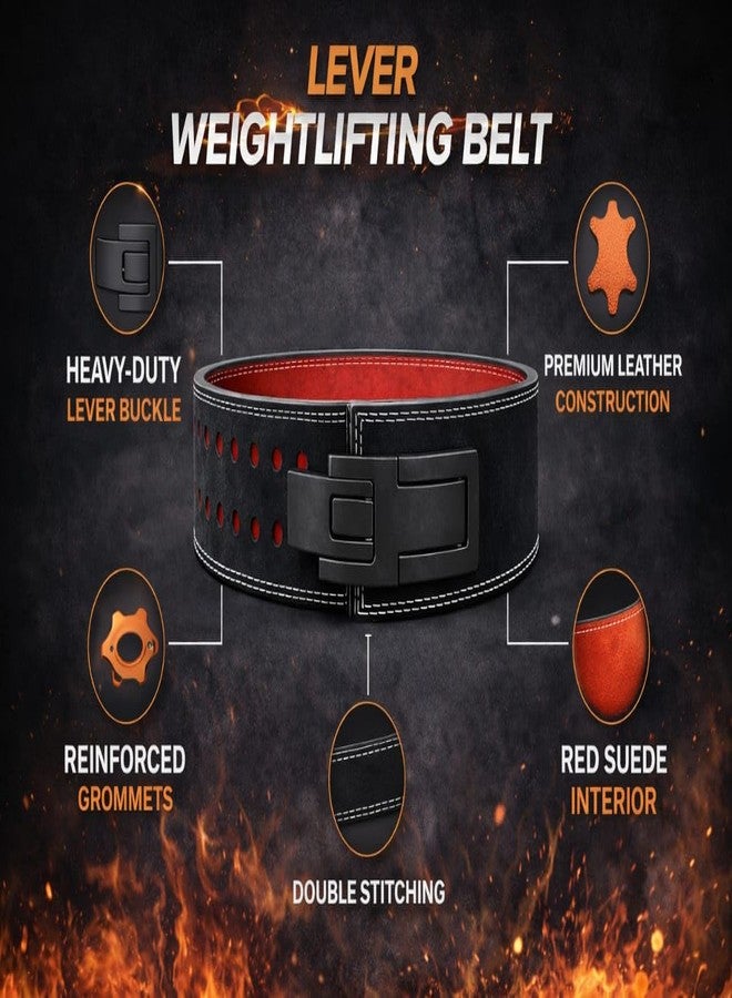 NLW Lever Weightlifting Belt, Premium Leather, Black with Red Suede Interior, Heavy-Duty Buckle, 110cm Length, 11cm Width - Image 3