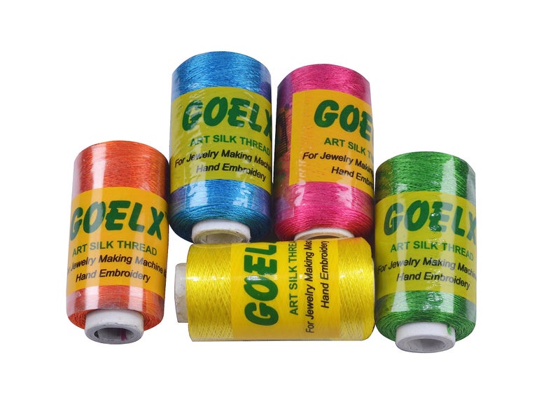 GOELX Silk Thread for JeweleryMaking 5 Spools  Turquoise BlueRani PinkMango YellowGreenOrange