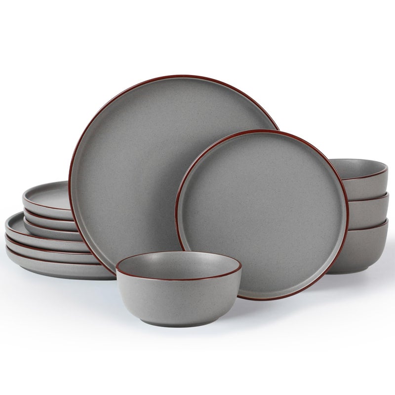 Famiware Mercury Plates and Bowls Sets, 12 Pieces Stoneware Dinnerware Sets, Dishes Set for 4, Microwave and Dishwasher Safe, Dark Grey - Image 1