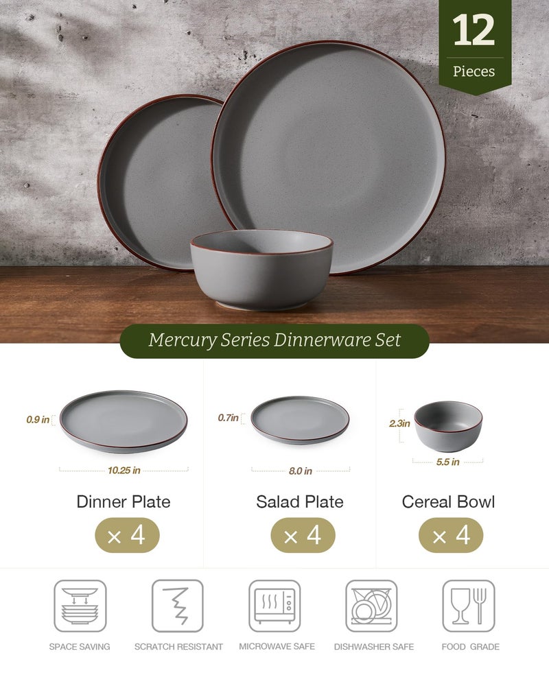 Famiware Mercury Plates and Bowls Sets, 12 Pieces Stoneware Dinnerware Sets, Dishes Set for 4, Microwave and Dishwasher Safe, Dark Grey - Image 2