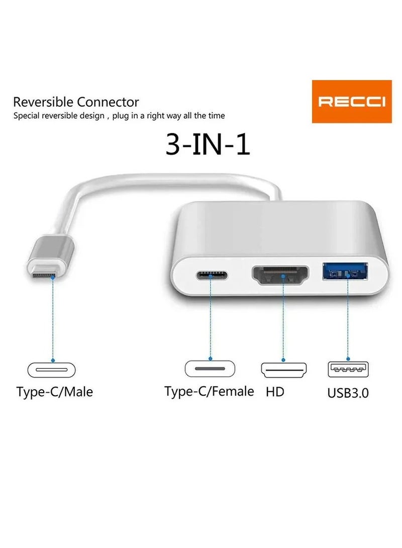 Recci "3-in-1 Type-C Hub USB-C to HDMI-Compatible Adapter with USB 3.0 and Type-C Power Delivery Converter for Laptops and Tablets" - Image 5